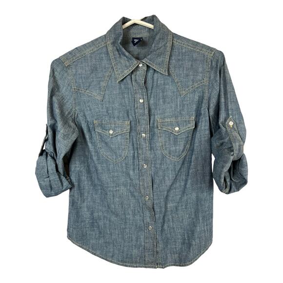 Gap Chambray Denim Pearl Snap Shirt Blouse Emo Western Medium XS - Picture 1 of 12